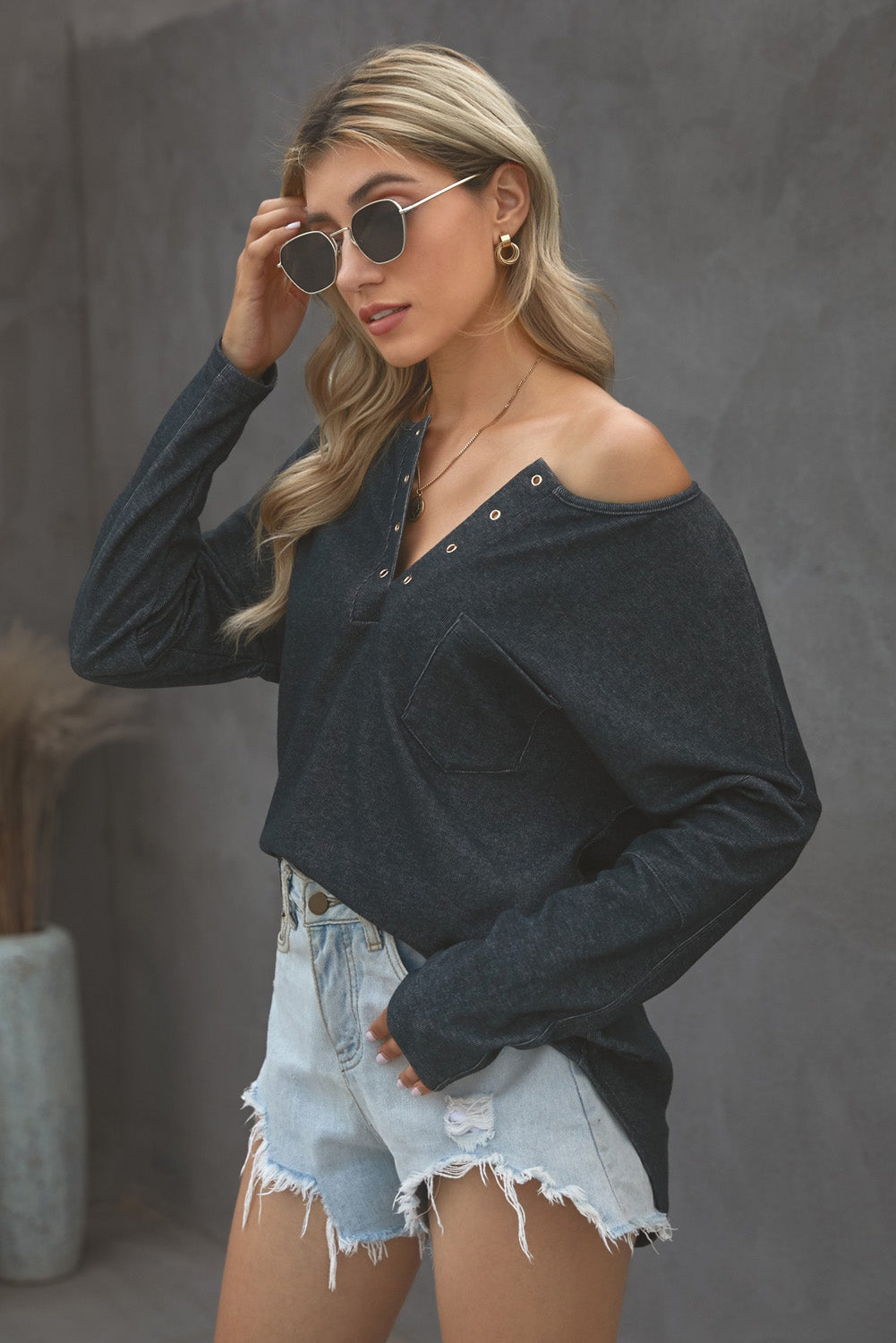 Grommet Long Sleeve V-Neck Top - Absolute Fashion 2020