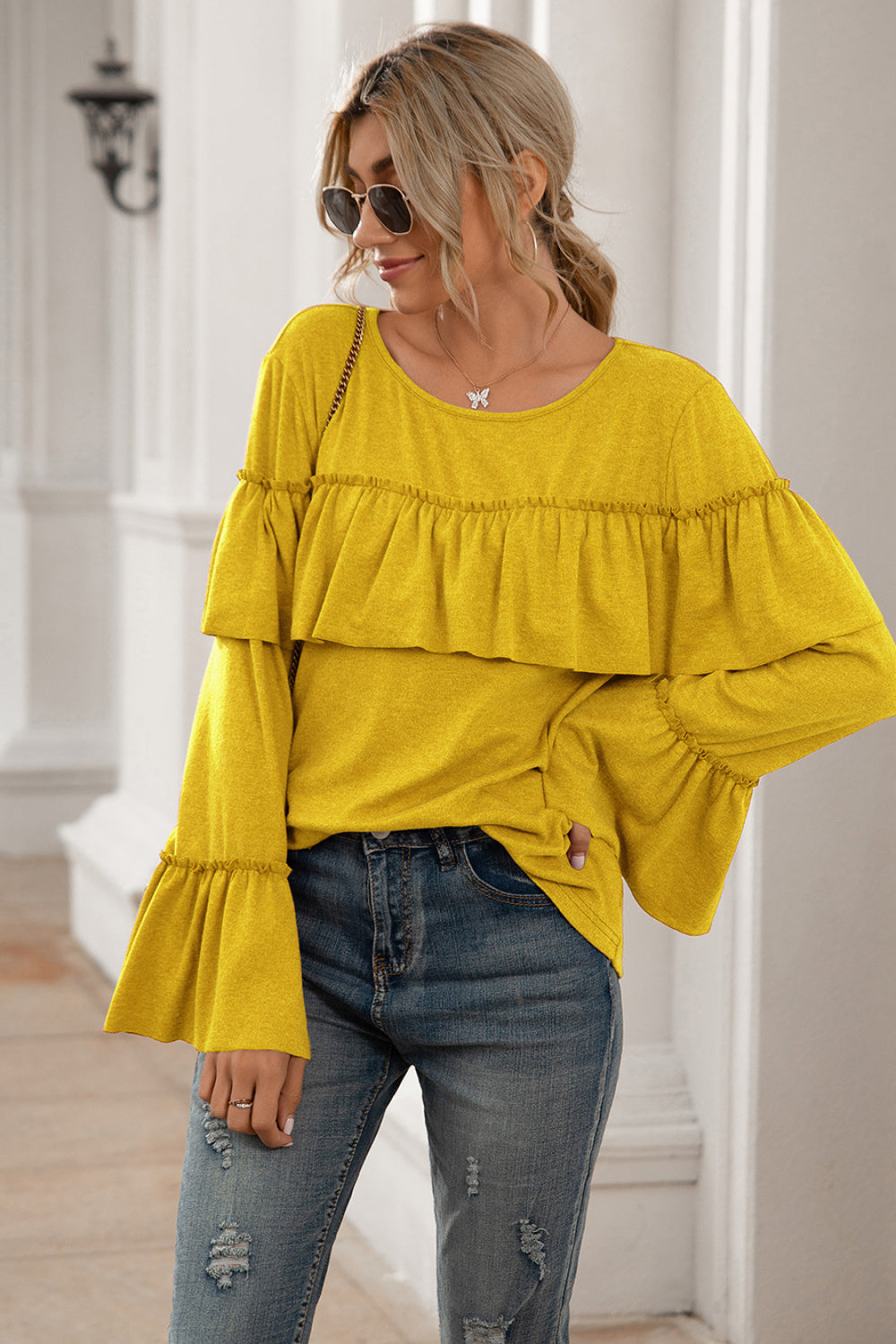 Flounce Sleeve Ruffle Trim Top - Absolute Fashion 2020