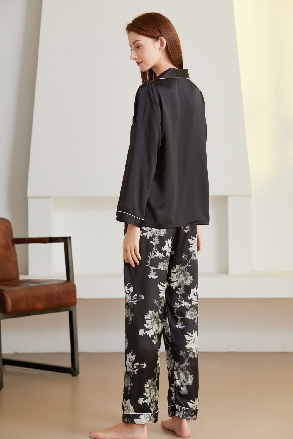 Satin Button-Up Lapel Collar Top and Pants Pajama Set