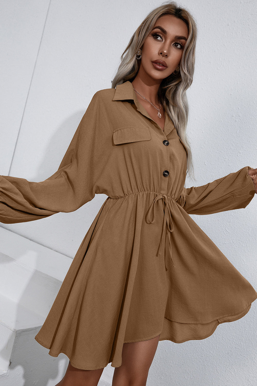 Collared Tie Waist Button Up Shirt Dress - Absolute Fashion 2020