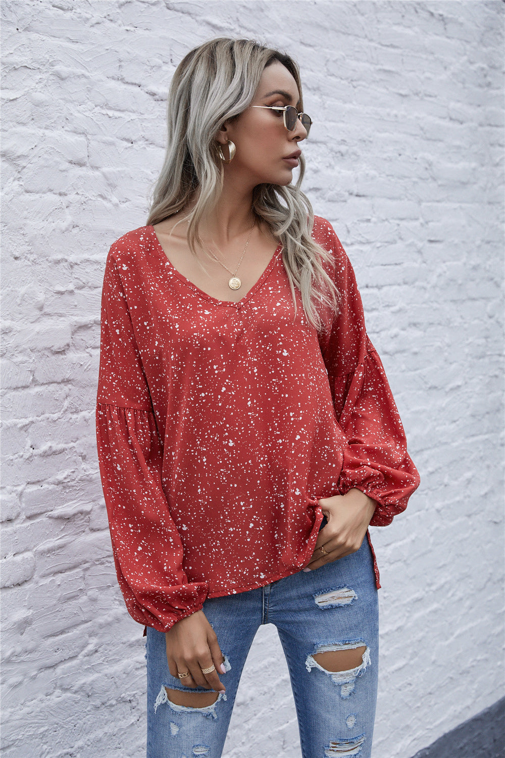 Dot Print Balloon Sleeve Blouse - Absolute Fashion 2020