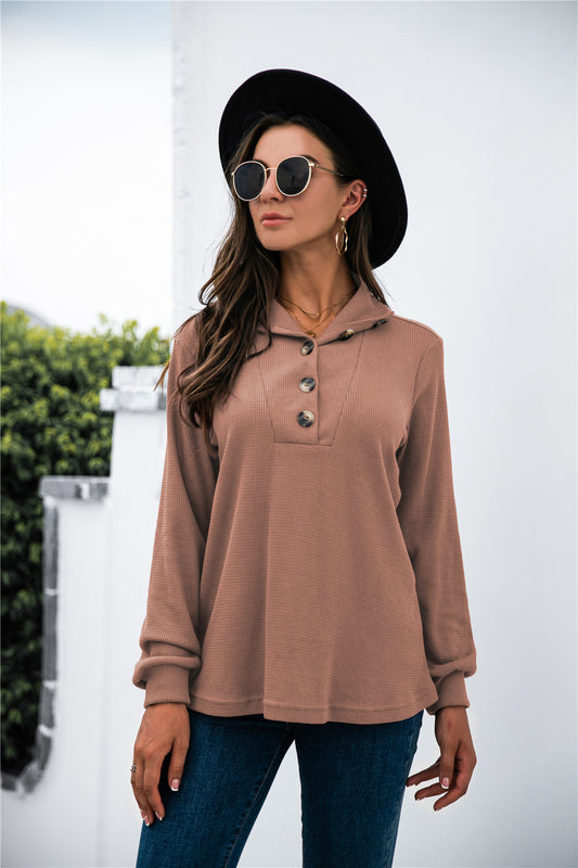 Button Lapel Collar Half Placket Top - Absolute Fashion 2020