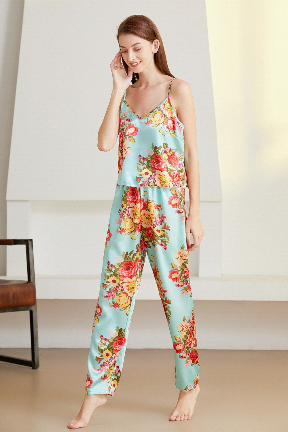 Floral V-Neck Satin Cami and Pants Pajama Set