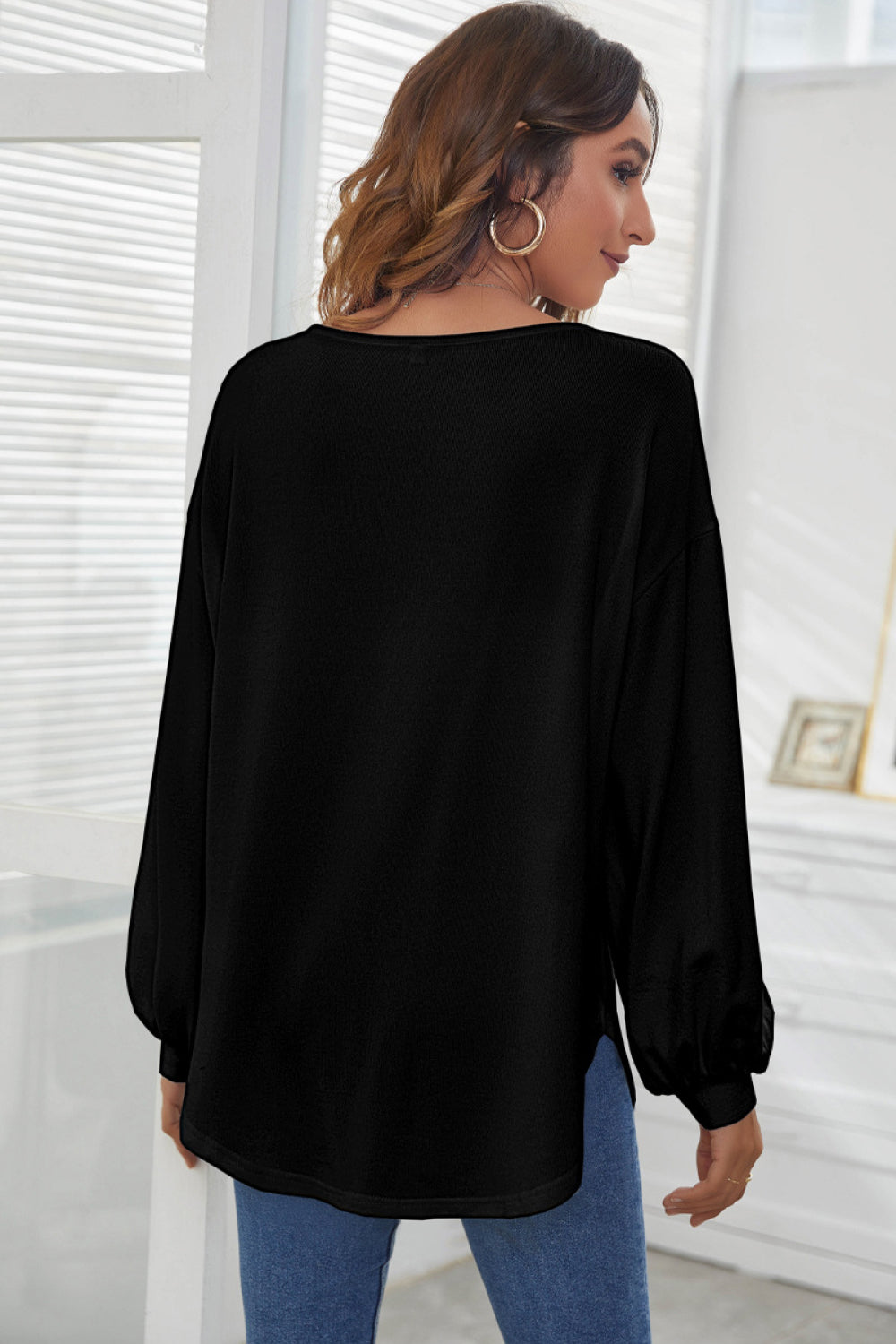 Boat Neck Long Puff Sleeve Top