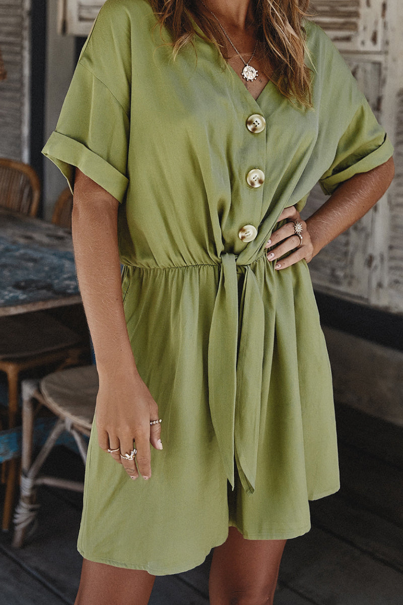 Button Front Tie Waist Romper - Absolute Fashion 2020