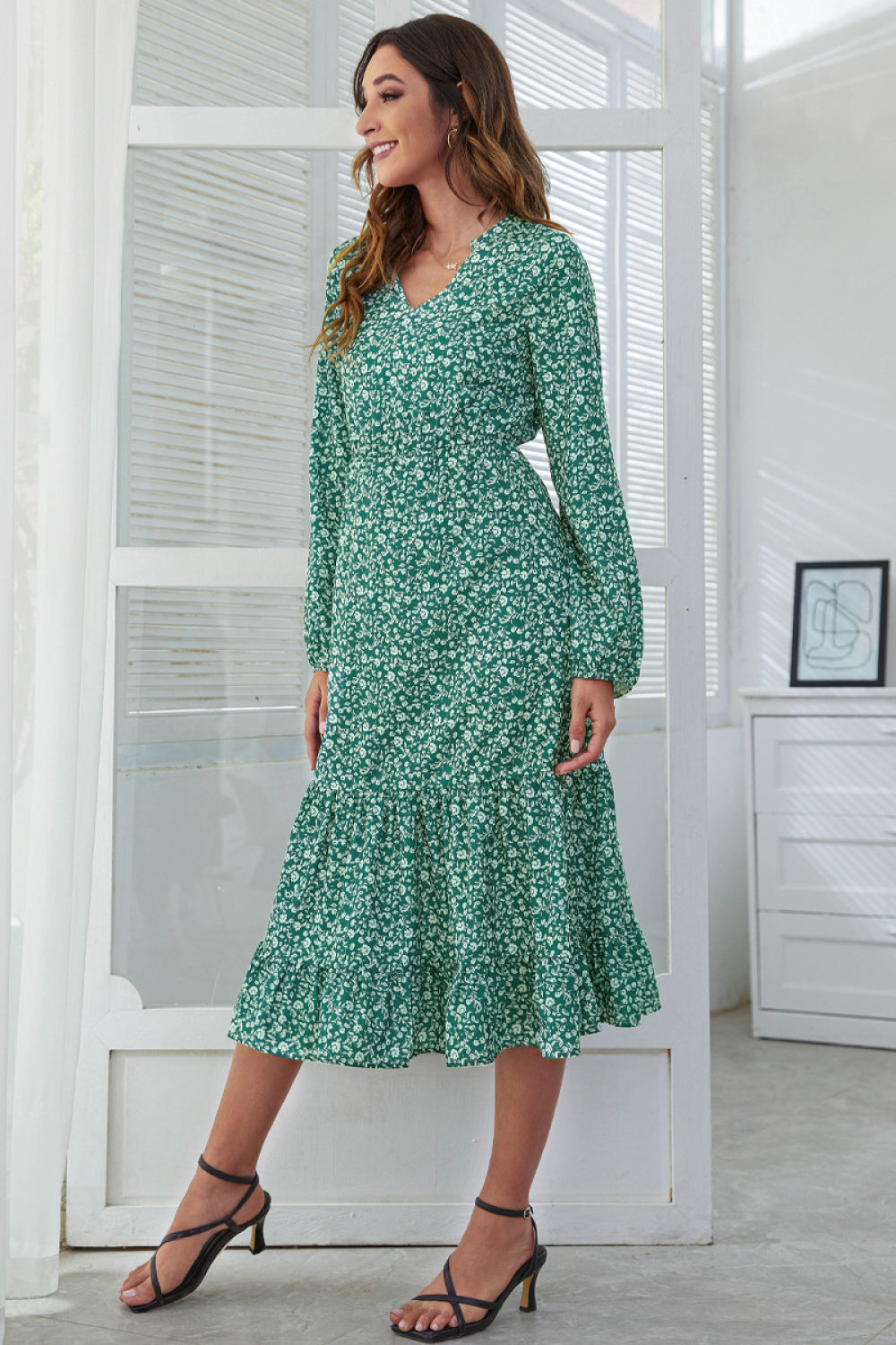 Floral Split Neck Ruffle Hem Midi Dress