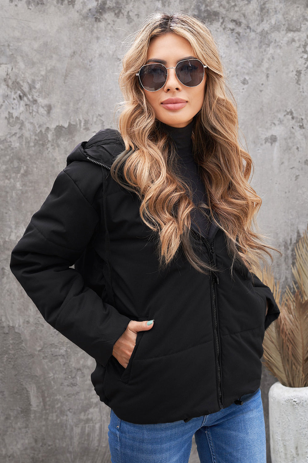 Drawstring Hem Hooded Jacket with Pockets