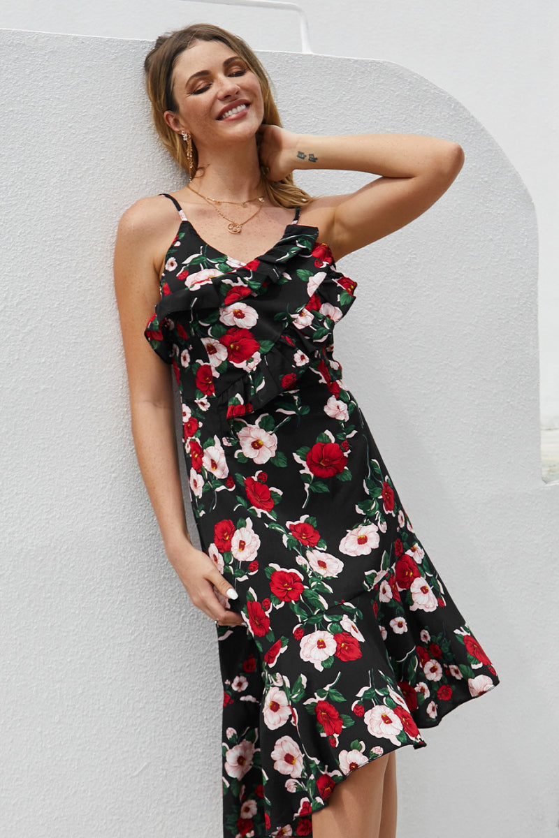 Ruffled Floral Asymmetrical Hem Dress - Absolute Fashion 2020