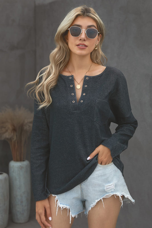 Grommet Long Sleeve V-Neck Top - Absolute Fashion 2020