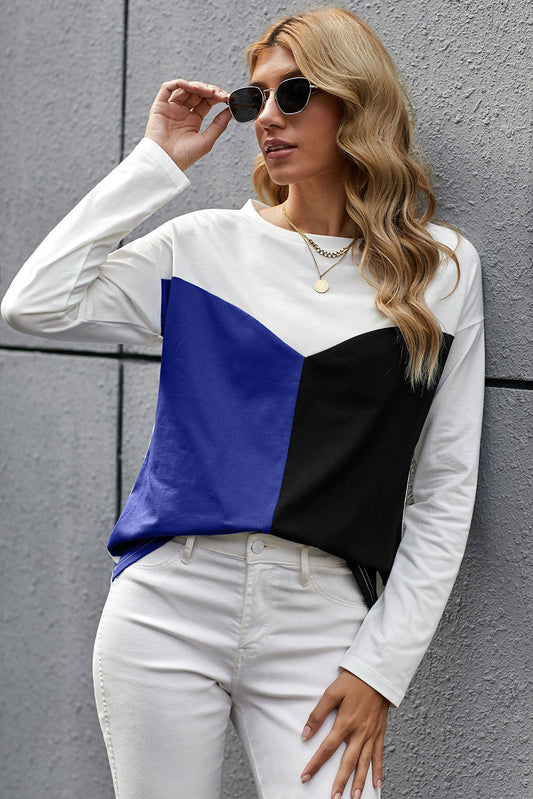 Color Block Splicing O-Neck Blouse - Absolute Fashion 2020