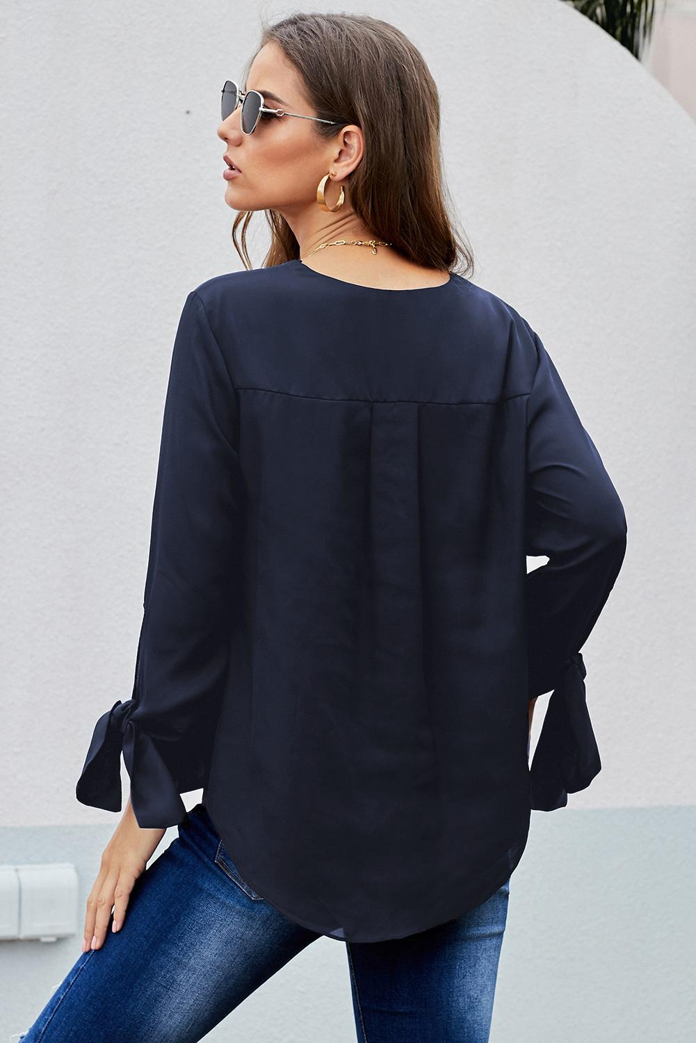 V Neck Ruched Tie Sleeve Top - Absolute Fashion 2020