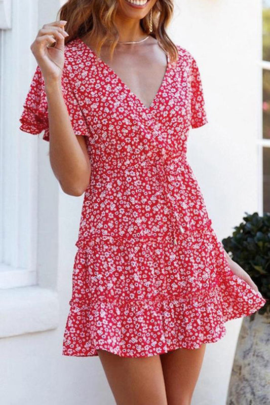 Floral V-Neck Layered Ruffled Dress - Absolute Fashion 2020