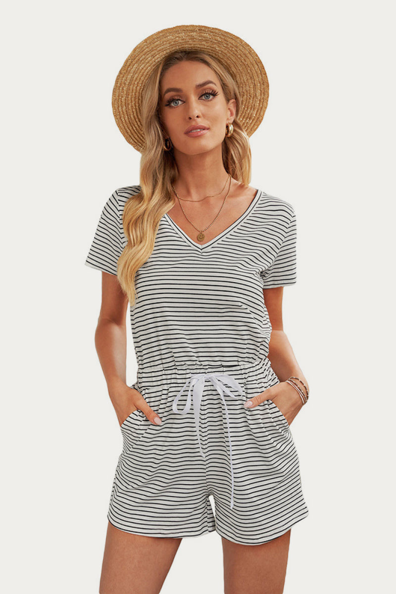V Neck Striped Romper - Absolute Fashion 2020