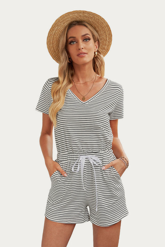 V Neck Striped Romper - Absolute Fashion 2020