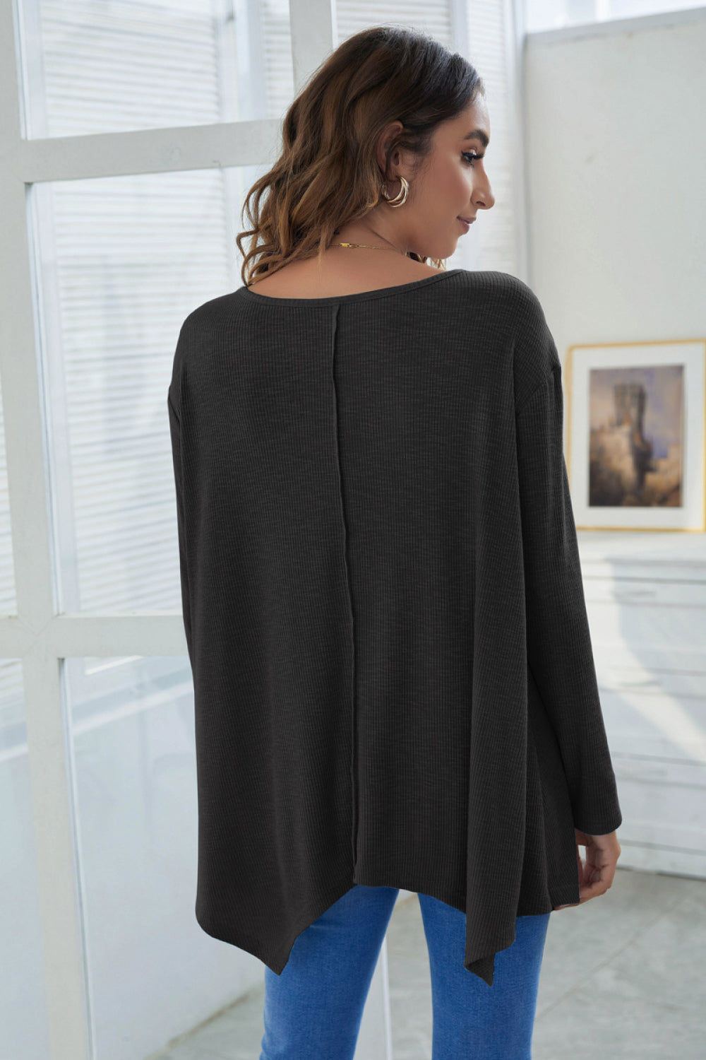 V-Neck  Asymmetrical Hem Long Sleeve Top