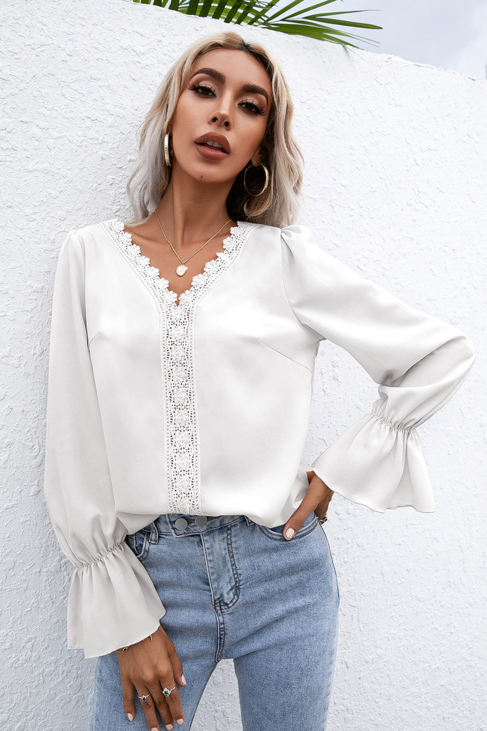 Lace Trim Flounce Sleeve Blouse - Absolute Fashion 2020