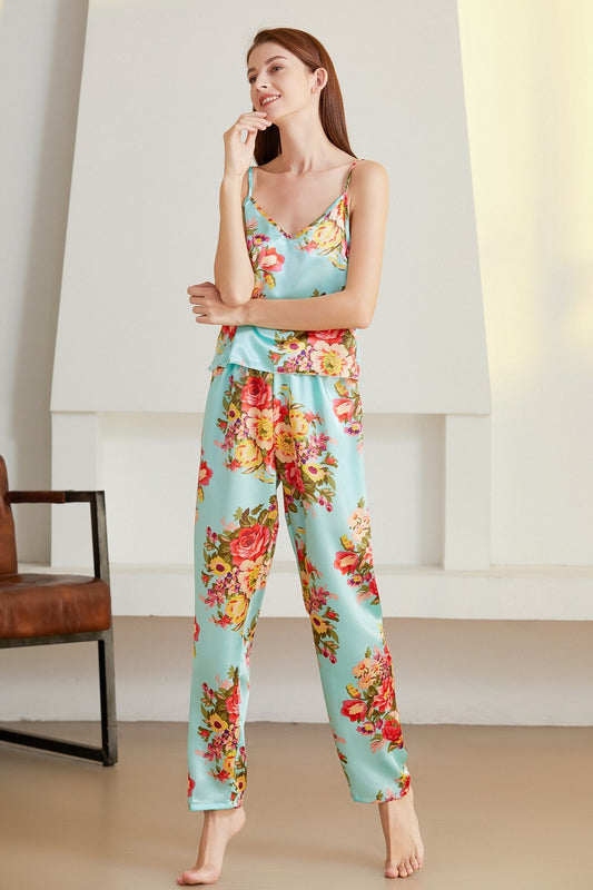 Floral V-Neck Satin Cami and Pants Pajama Set