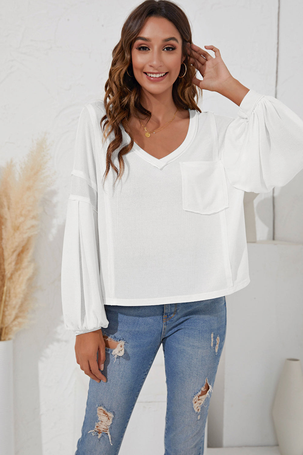Balloon Sleeve Chest Pocket Top - Absolute Fashion 2020