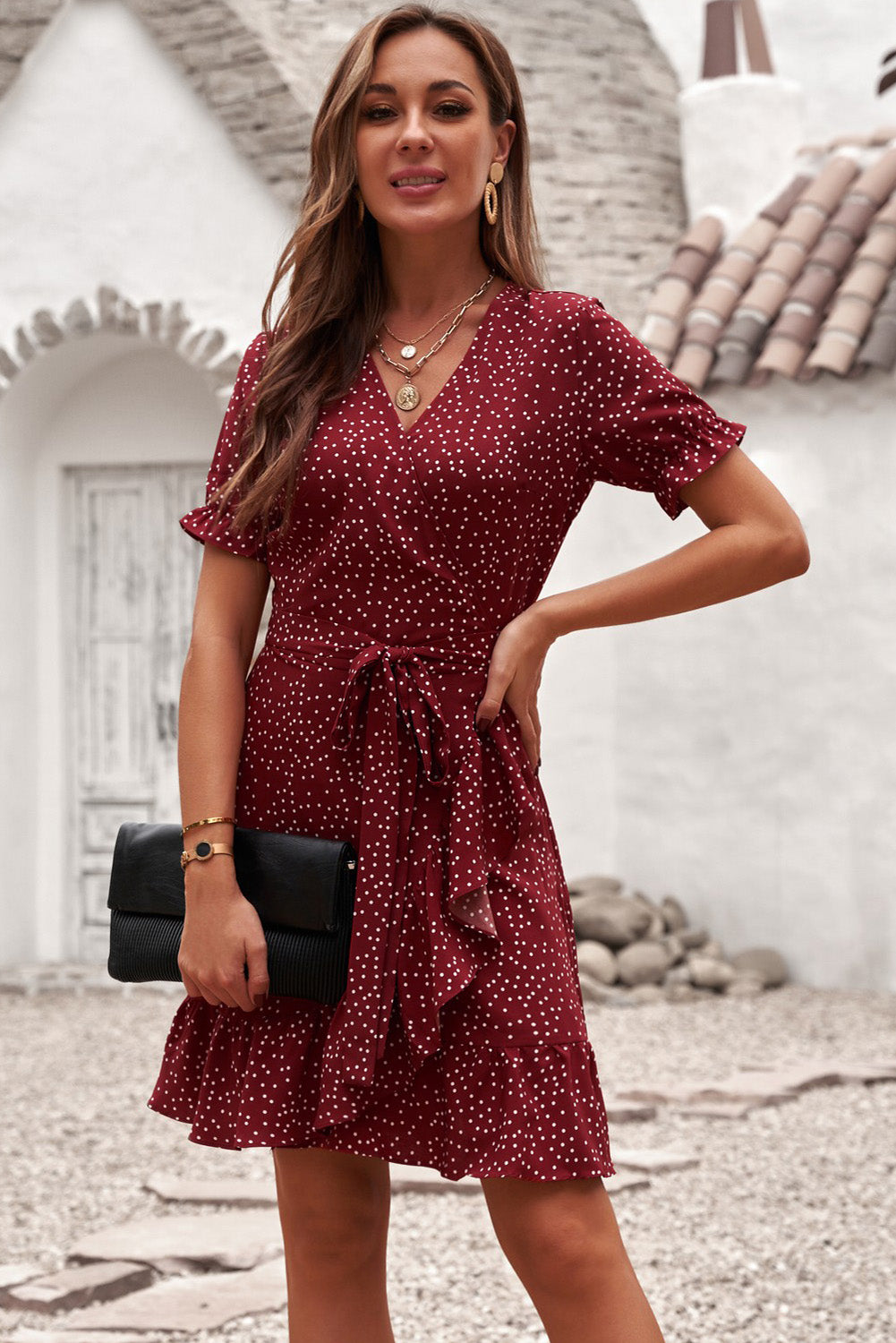 Dotted Print Wrap Ruffle Dress - Absolute Fashion 2020