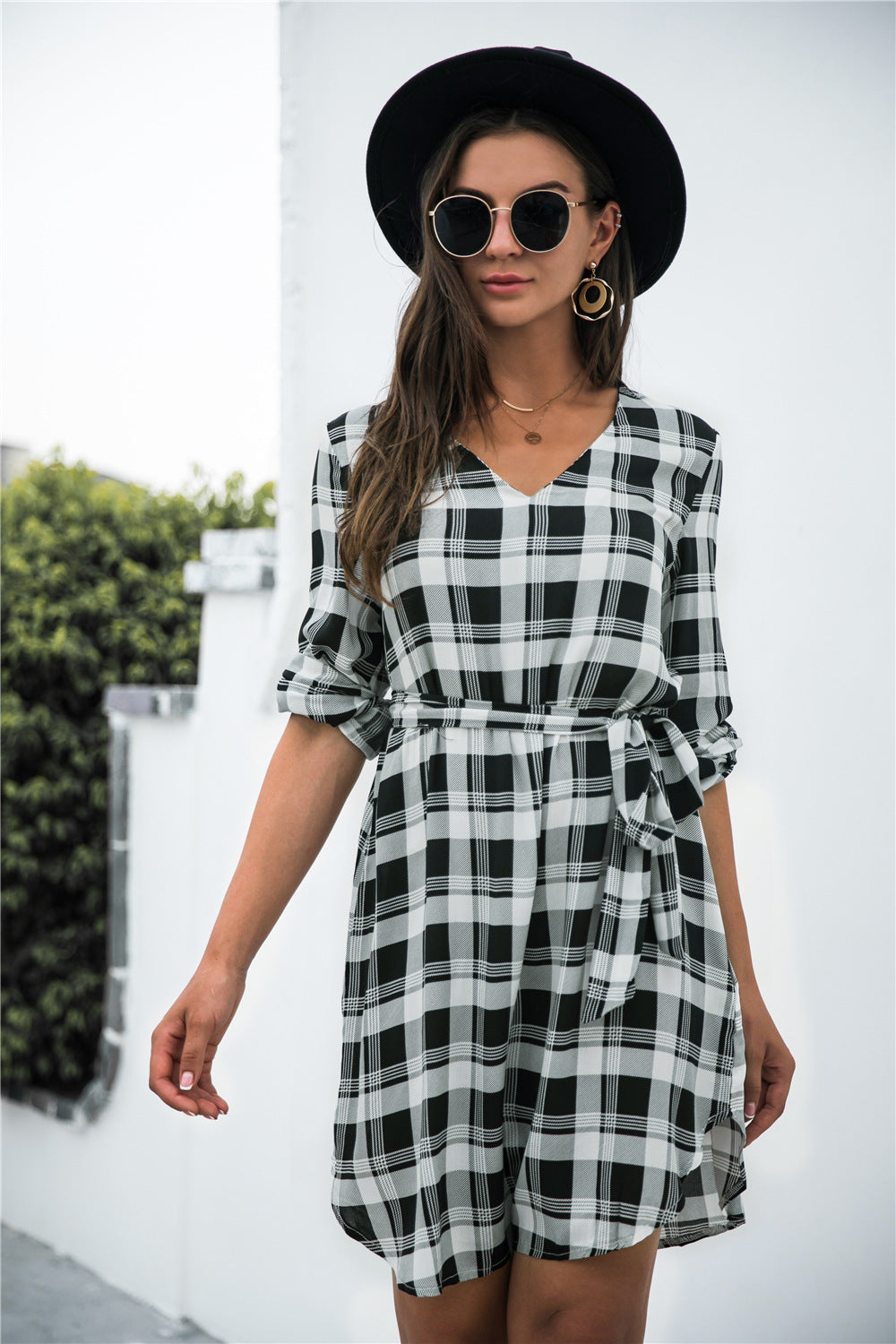 Gingham Tie Waist V Neck Dress - Absolute Fashion 2020