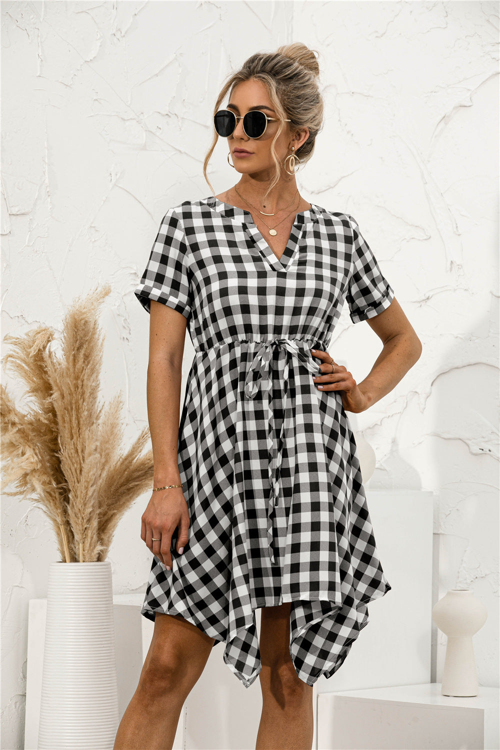Plaid V-Neck Asymmetrical Trim Dress - Absolute Fashion 2020