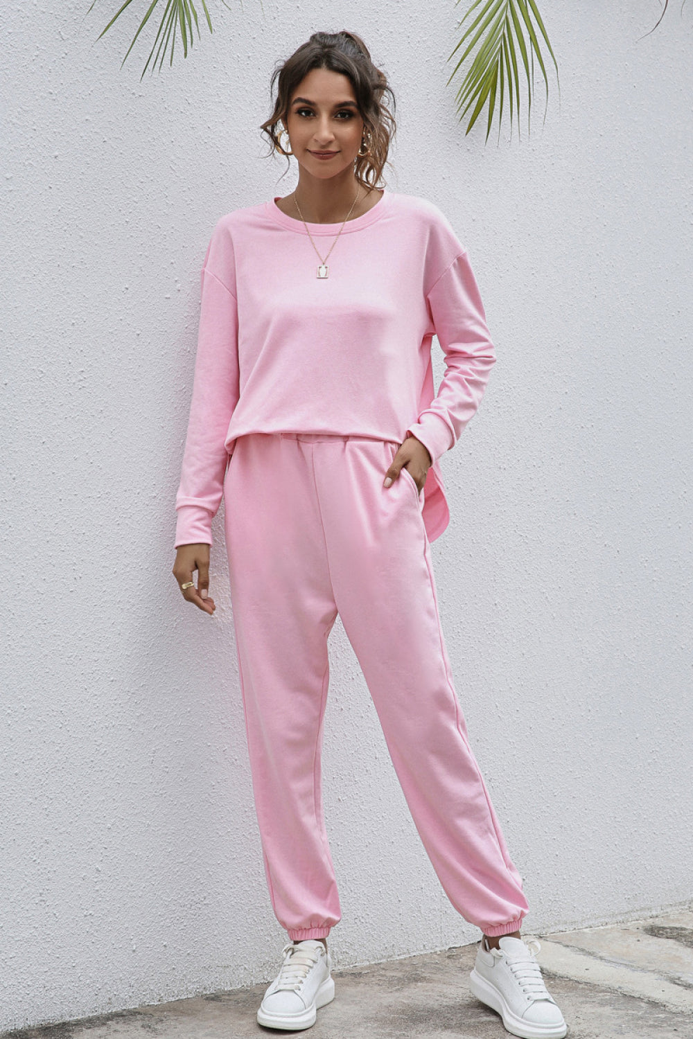 Double Hem Long Sleeve Top and Joggers Set - Absolute Fashion 2020