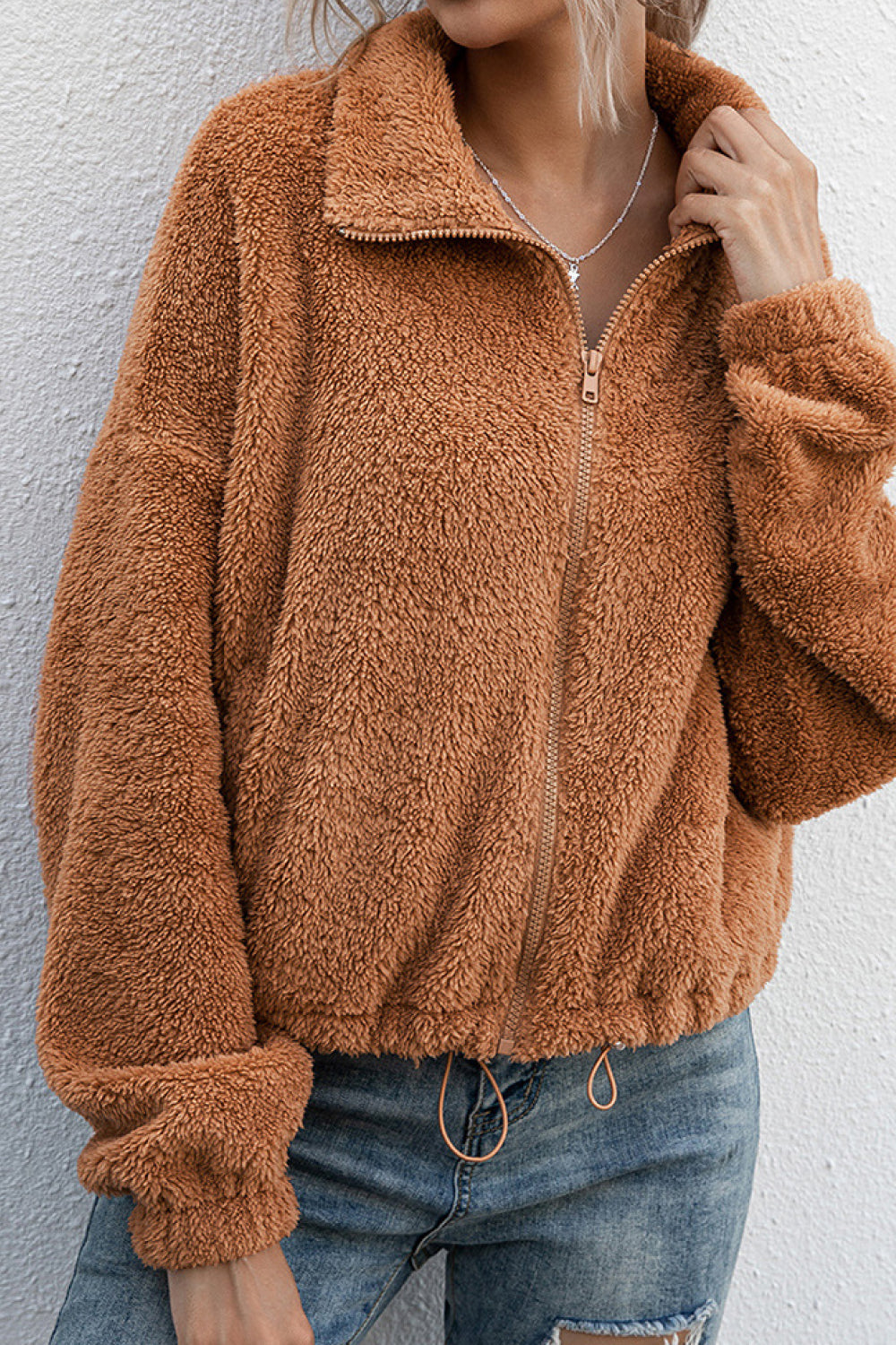 Drawstring Hem Zip Up Teddy Jacket - Absolute Fashion 2020