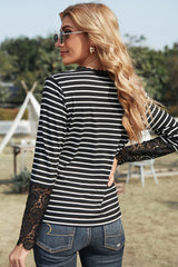 Striped Button-Up Lace Detail Long Sleeve Blouse