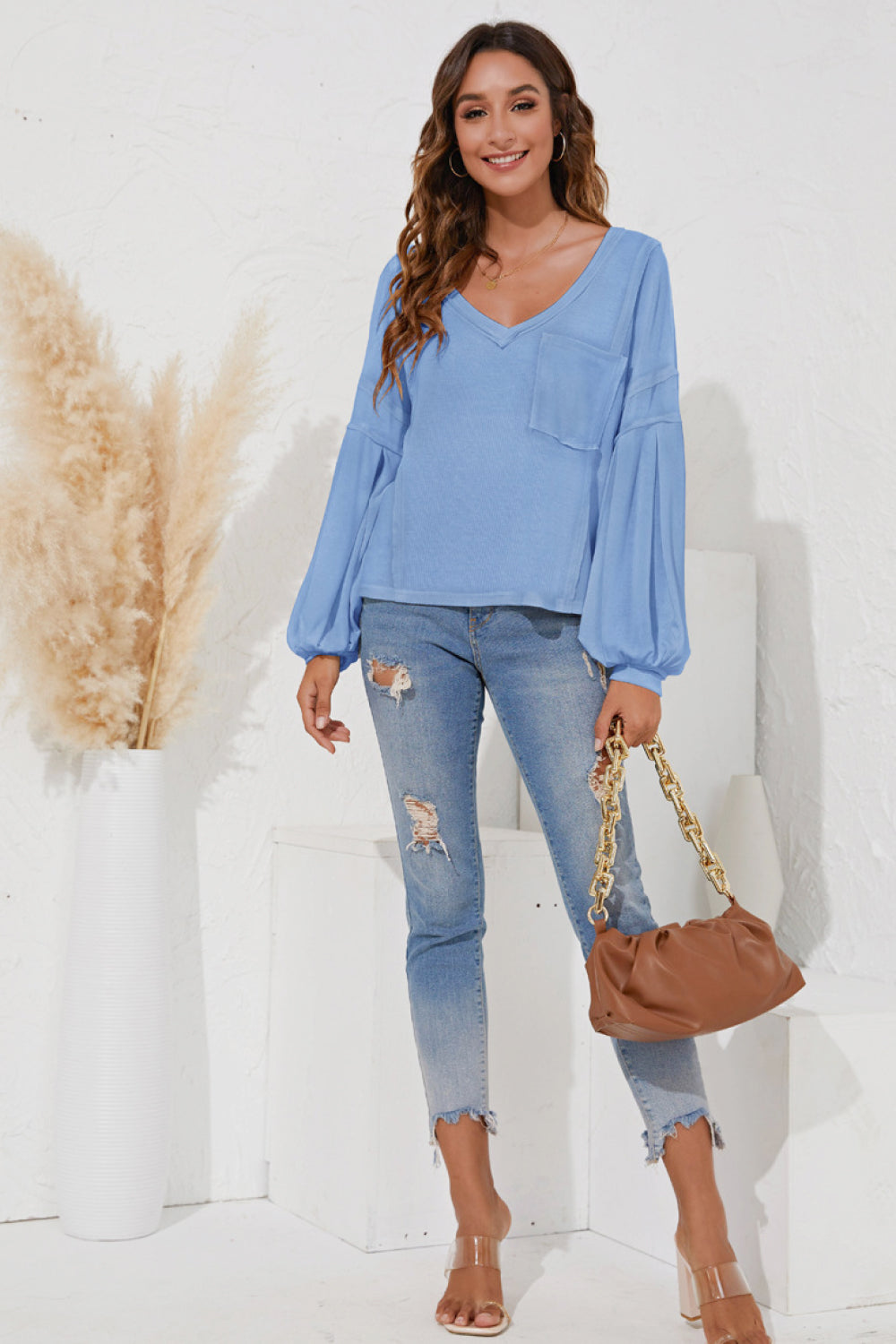 Balloon Sleeve Chest Pocket Top - Absolute Fashion 2020