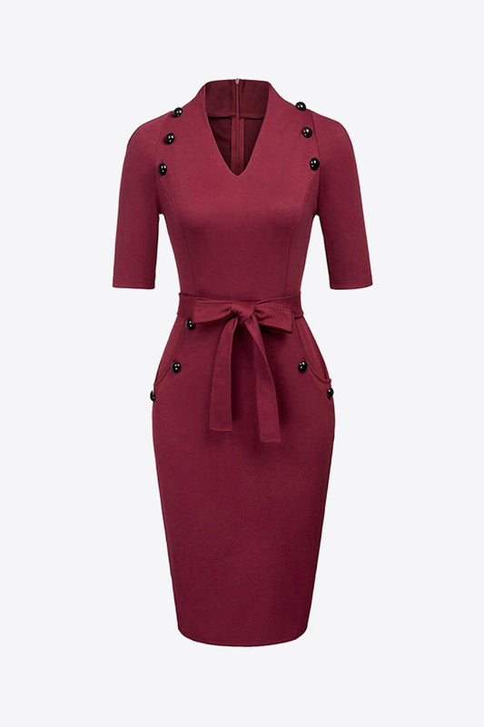 Decorative Button Belted Zip-Back Slit Dress