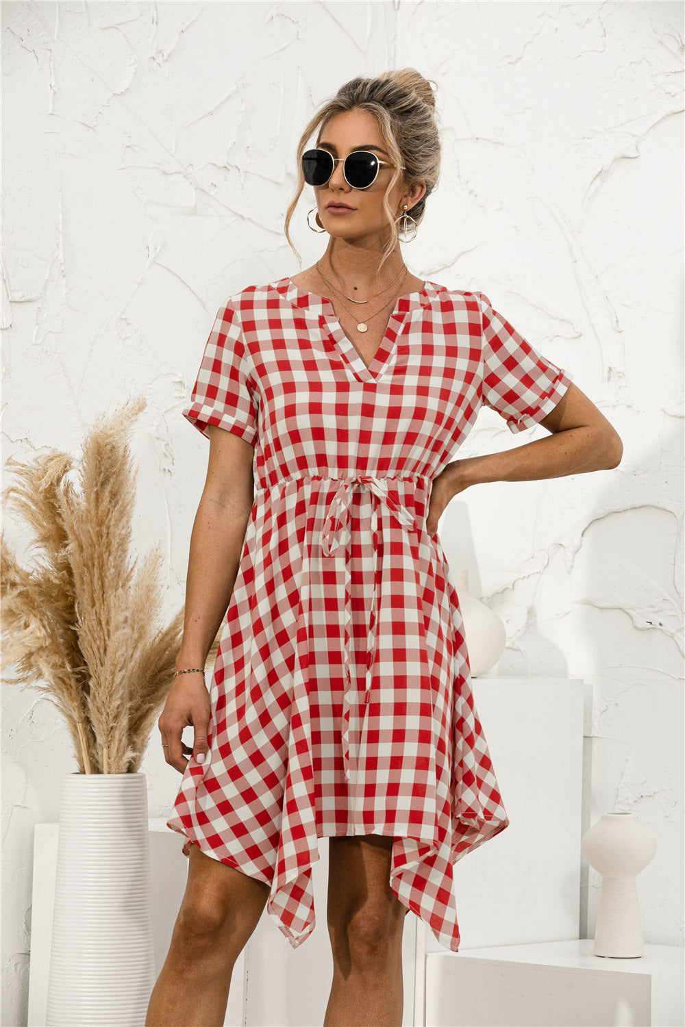 Plaid V-Neck Asymmetrical Trim Dress - Absolute Fashion 2020