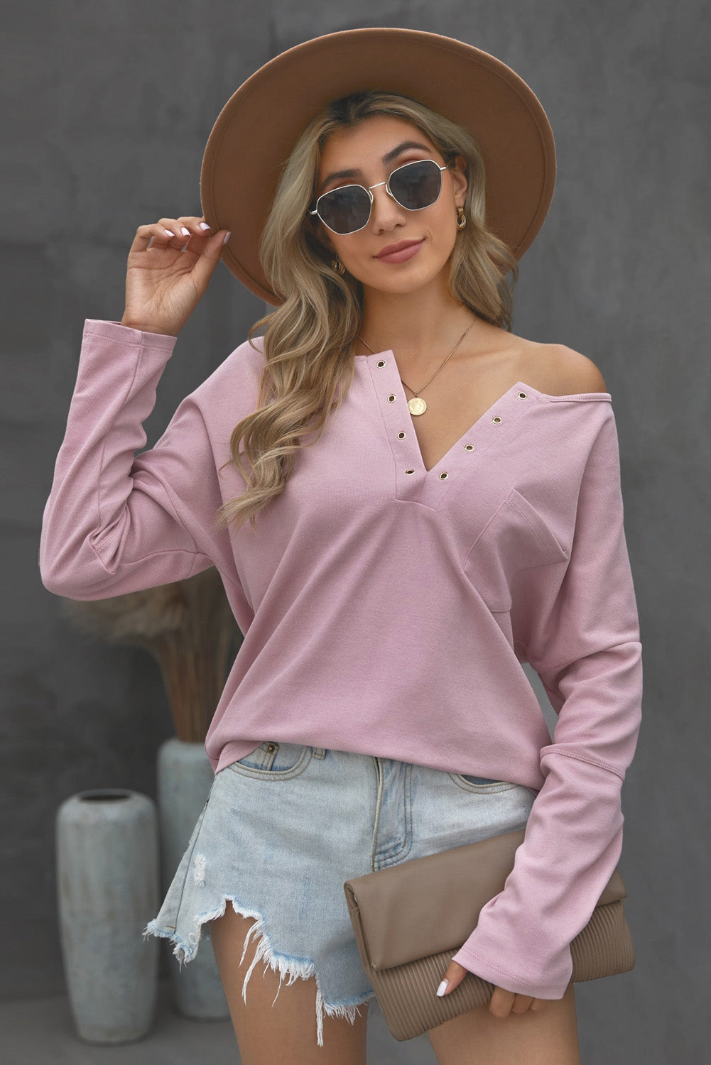 Grommet Long Sleeve V-Neck Top - Absolute Fashion 2020