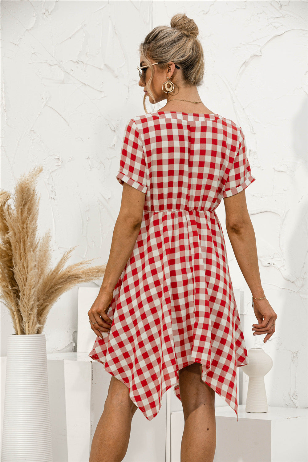 Plaid V-Neck Asymmetrical Trim Dress - Absolute Fashion 2020