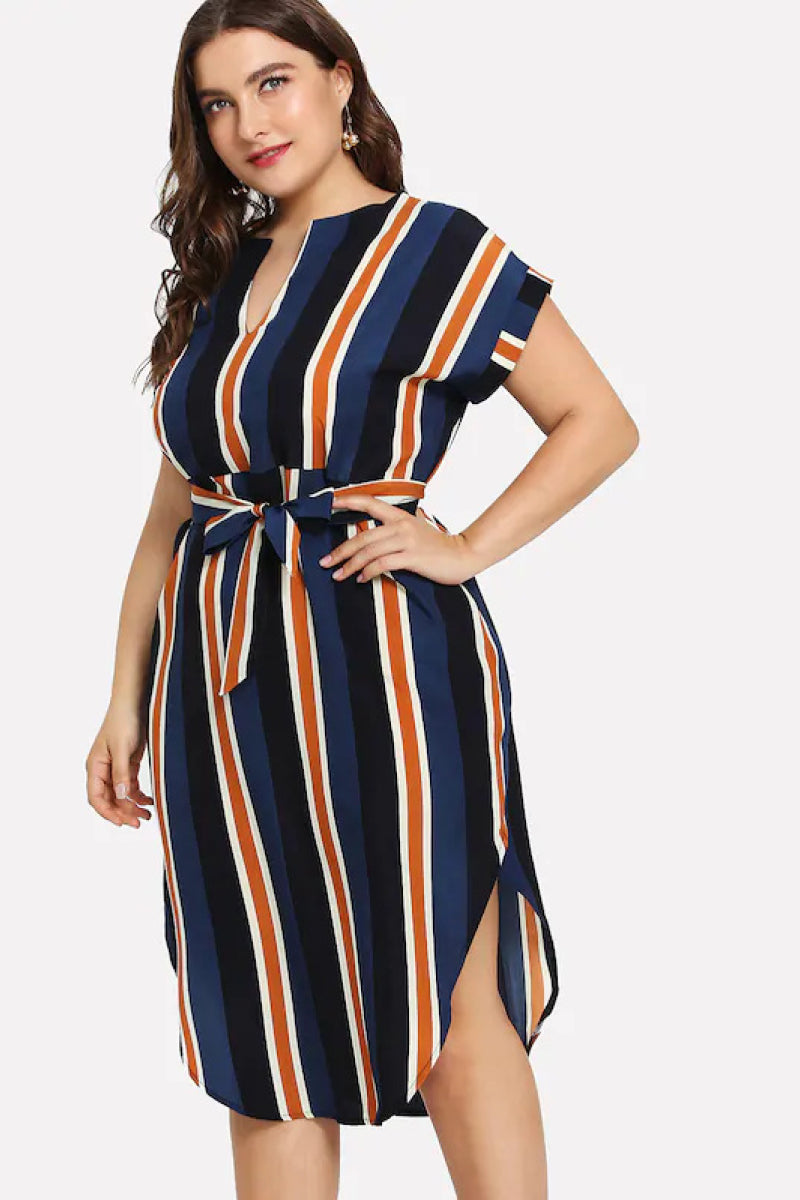 Striped V Neck Short Sleeve Belted Dress - Absolute Fashion 2020