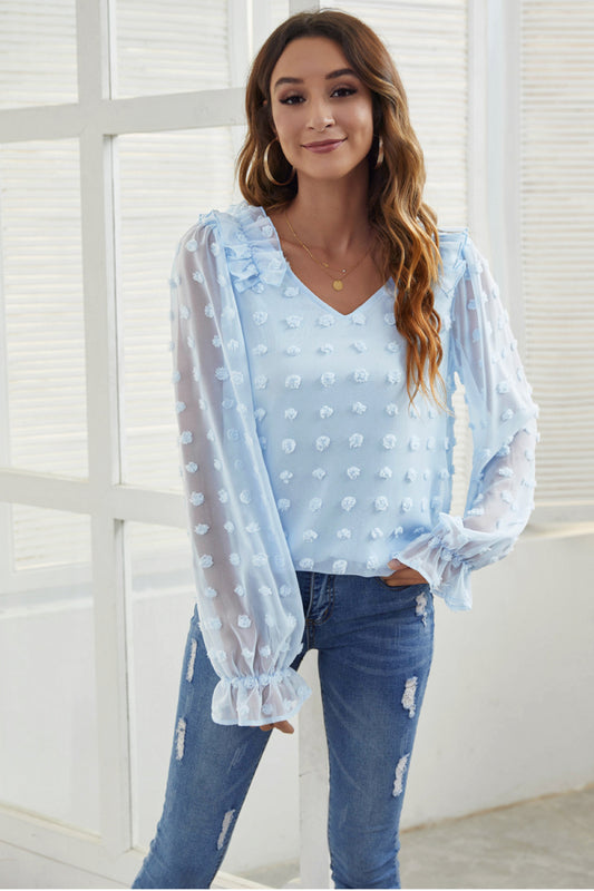 Swiss Dot V-Neck Ruffle Trim Blouse