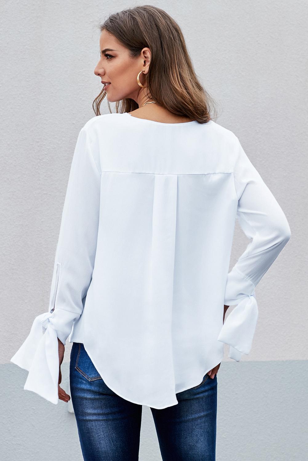 V Neck Ruched Tie Sleeve Top - Absolute Fashion 2020