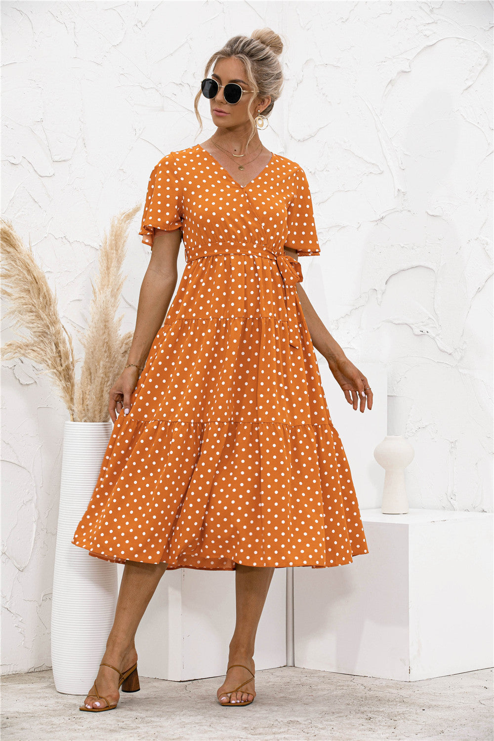 Polka Dot V Neck Belted Dress - Absolute Fashion 2020