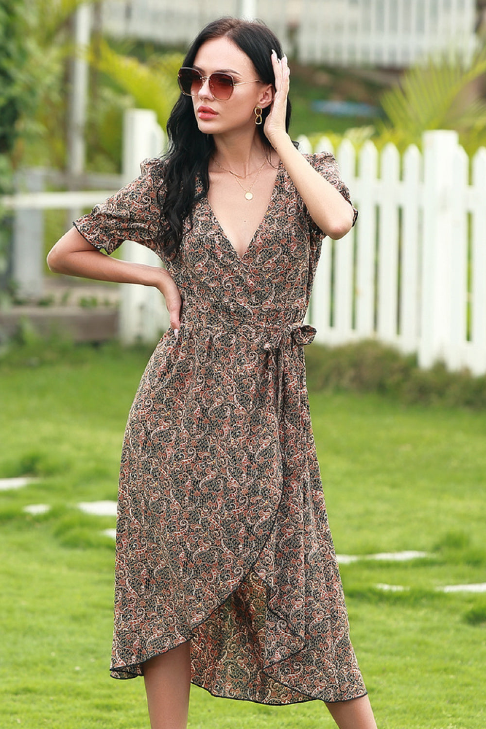 Bohemian Deep V-neckline Lace-up Dress