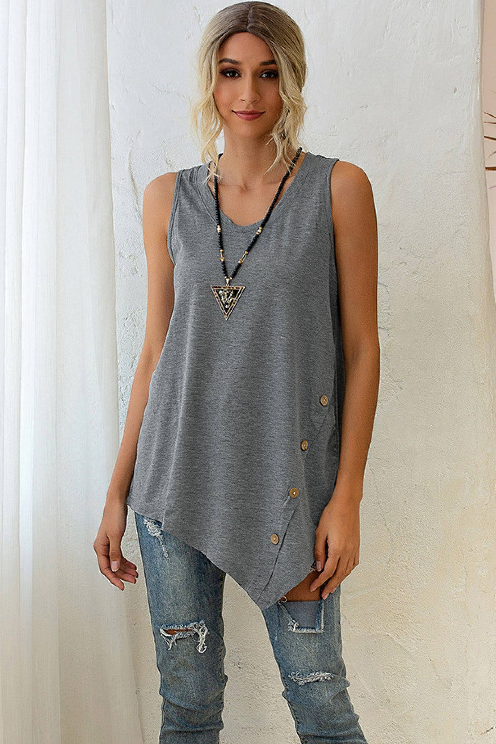 Sleeveless Asymmetrical Buttoned Hem Top - Absolute Fashion 2020