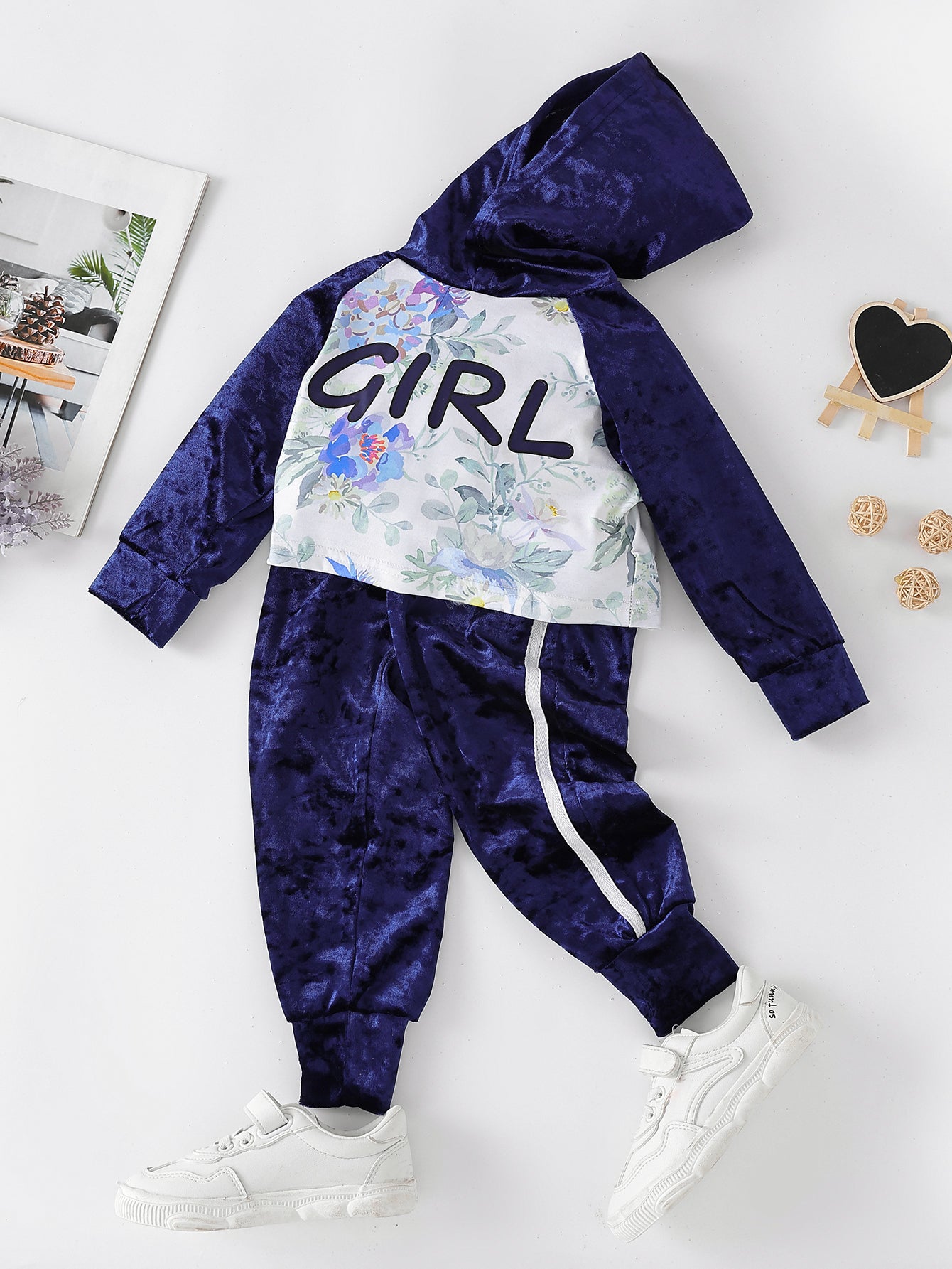 Girls Floral Hoodie and Side Stripe Pants Set