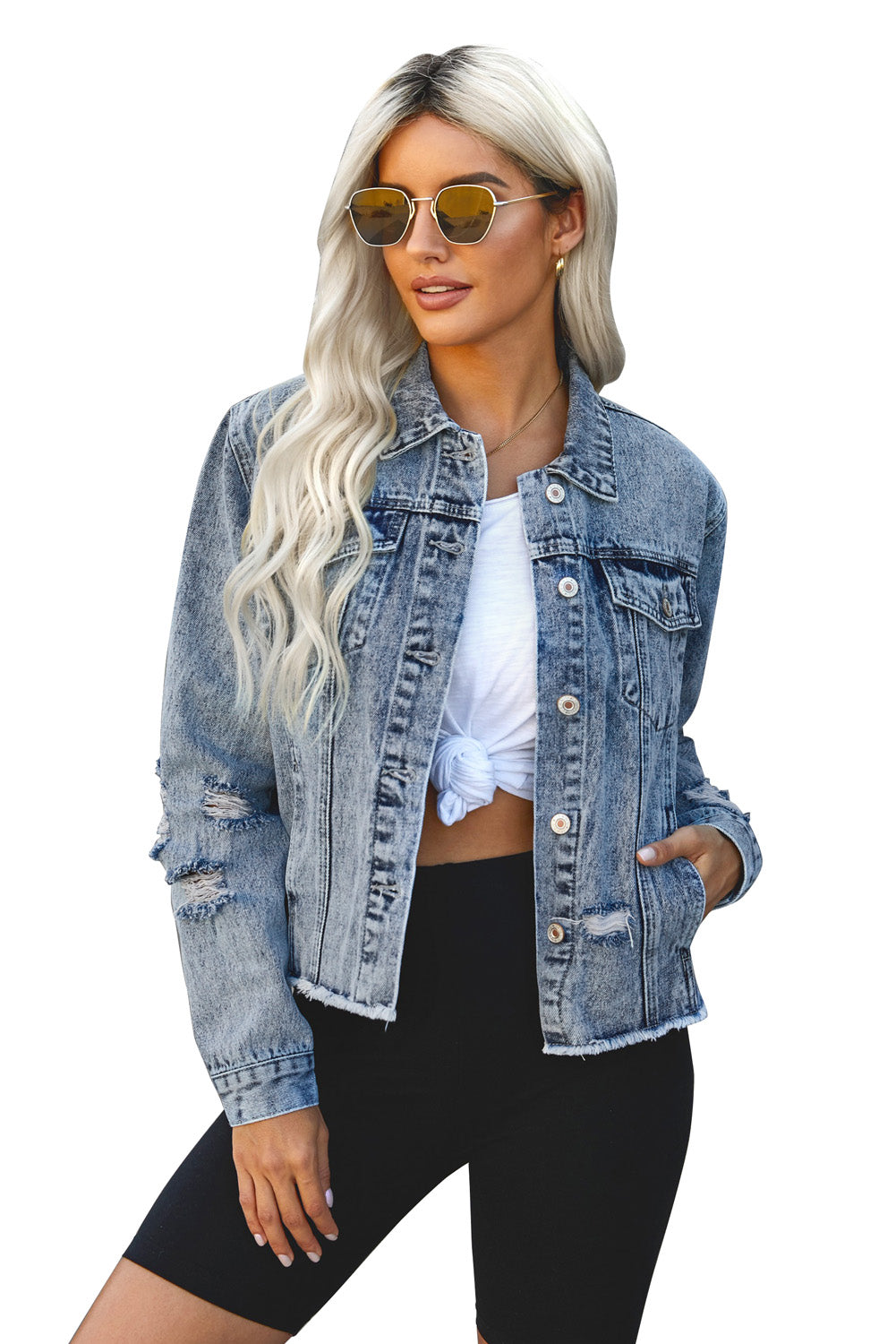 Turn Down Collar Cut-out Denim Jacket - Absolute Fashion 2020