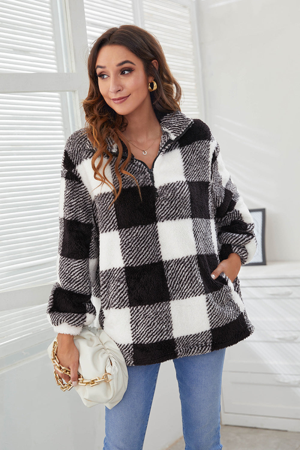 Buffalo Plaid Quarter Zip Teddy Pullover