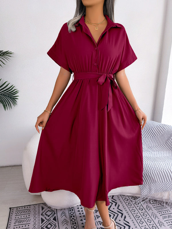 Short Sleeve Collared Tie Belt Dress - Absolute fashion 2020