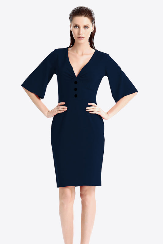 Full Size Decorative Button Flare Sleeve Plunge Dress