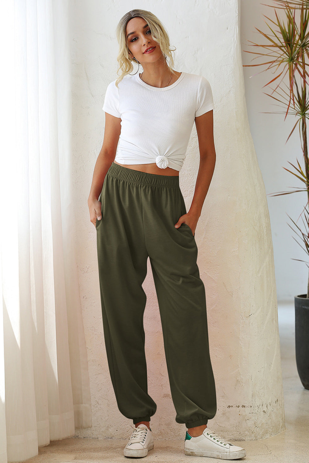 Elastic Waist Joggers with Side Pockets