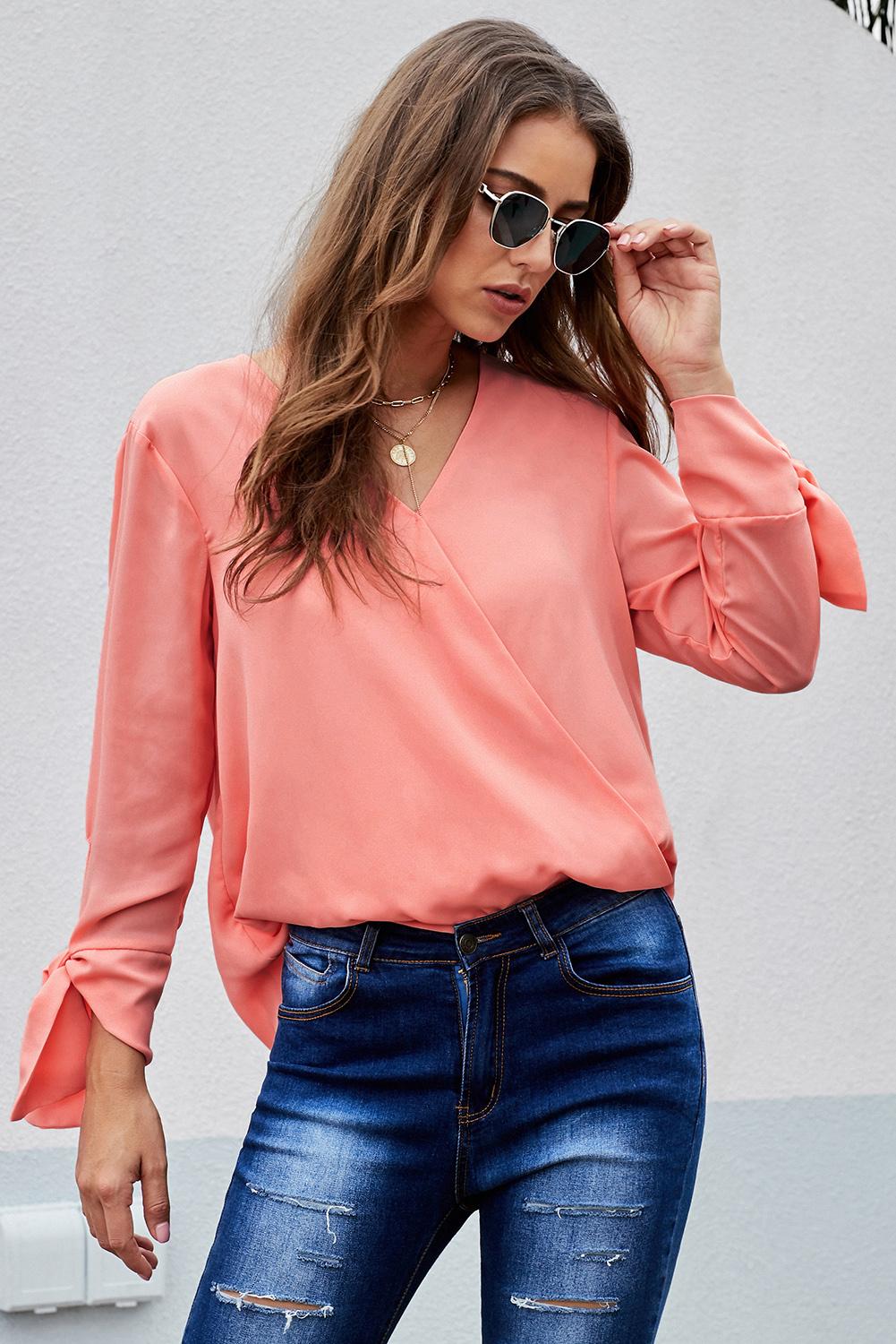 V Neck Ruched Tie Sleeve Top - Absolute Fashion 2020