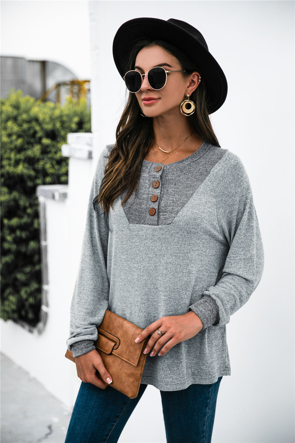 Two-tone Patch Button up Knit Top - Absolute Fashion 2020