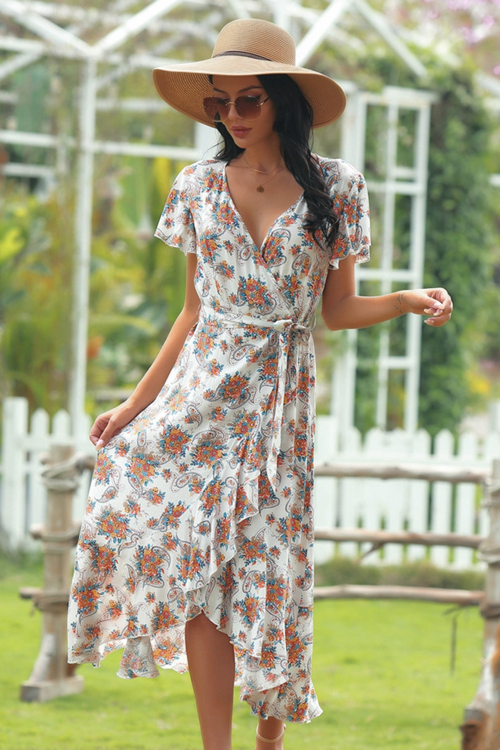 V-neck Floral Irregular Dress