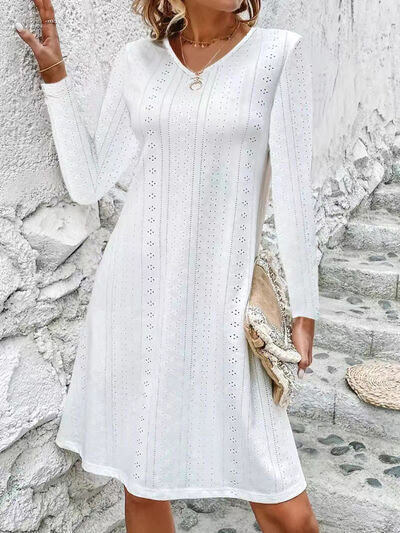 Eyelet V-Neck Long Sleeve Mini Dress - Absolute fashion 2020