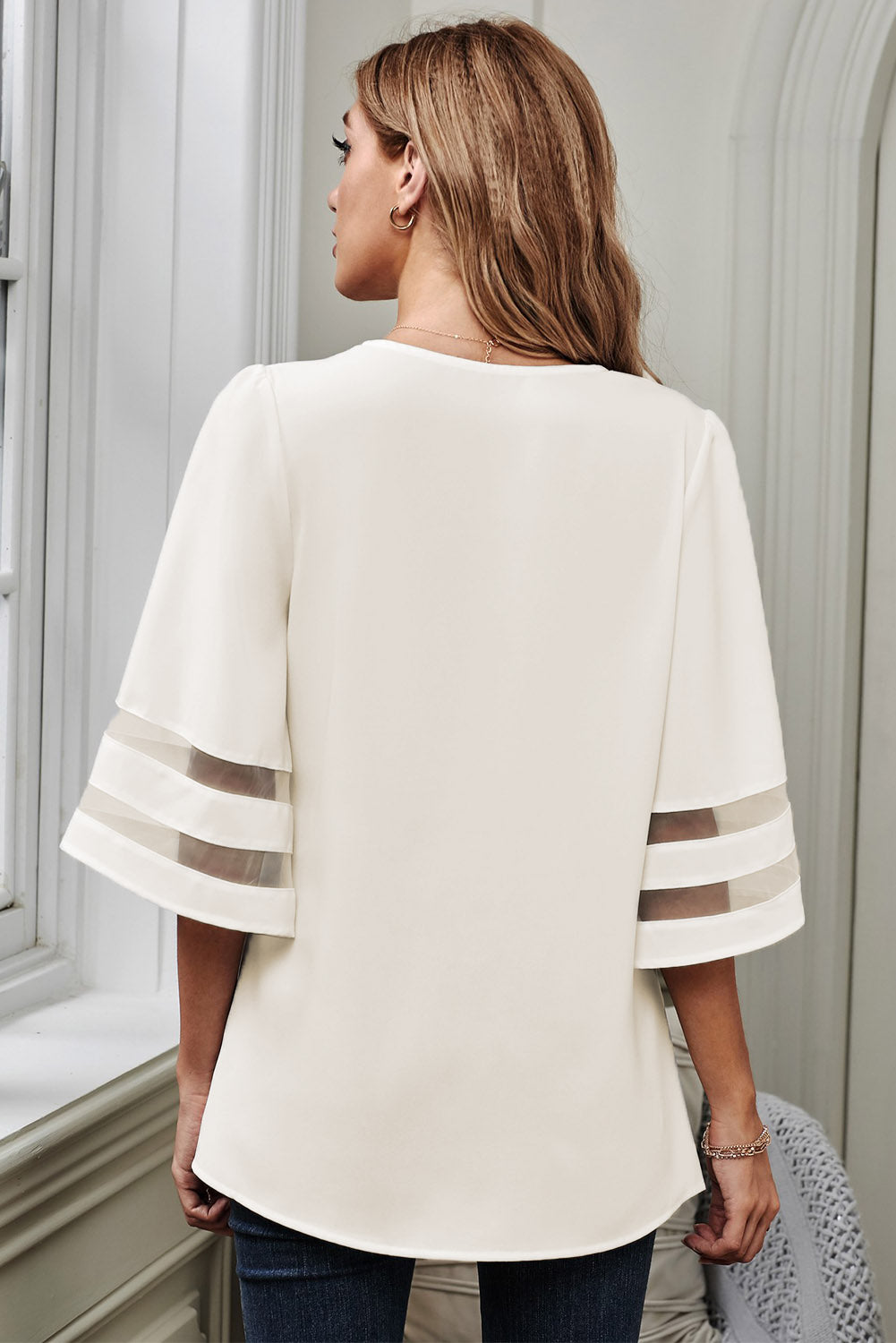 V Lace Neckline 3/4 Bell Mesh Sleeves Blouse - Absolute Fashion 2020